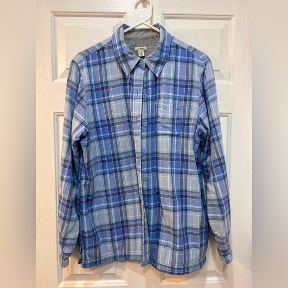 L.L. Bean Fleece Lined Button Up Shacket Flannel Plaid Long Sleeve Women Sz M - Picture 1 of 8